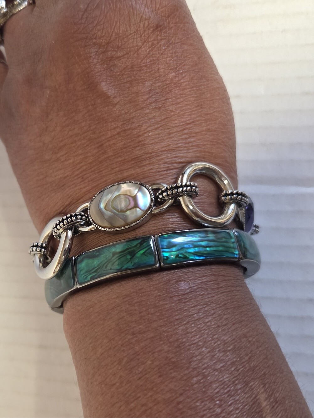 Vintage Epiphany Abalone Toggle Bracelet & Pacific Inlay Stretch Cuff Set